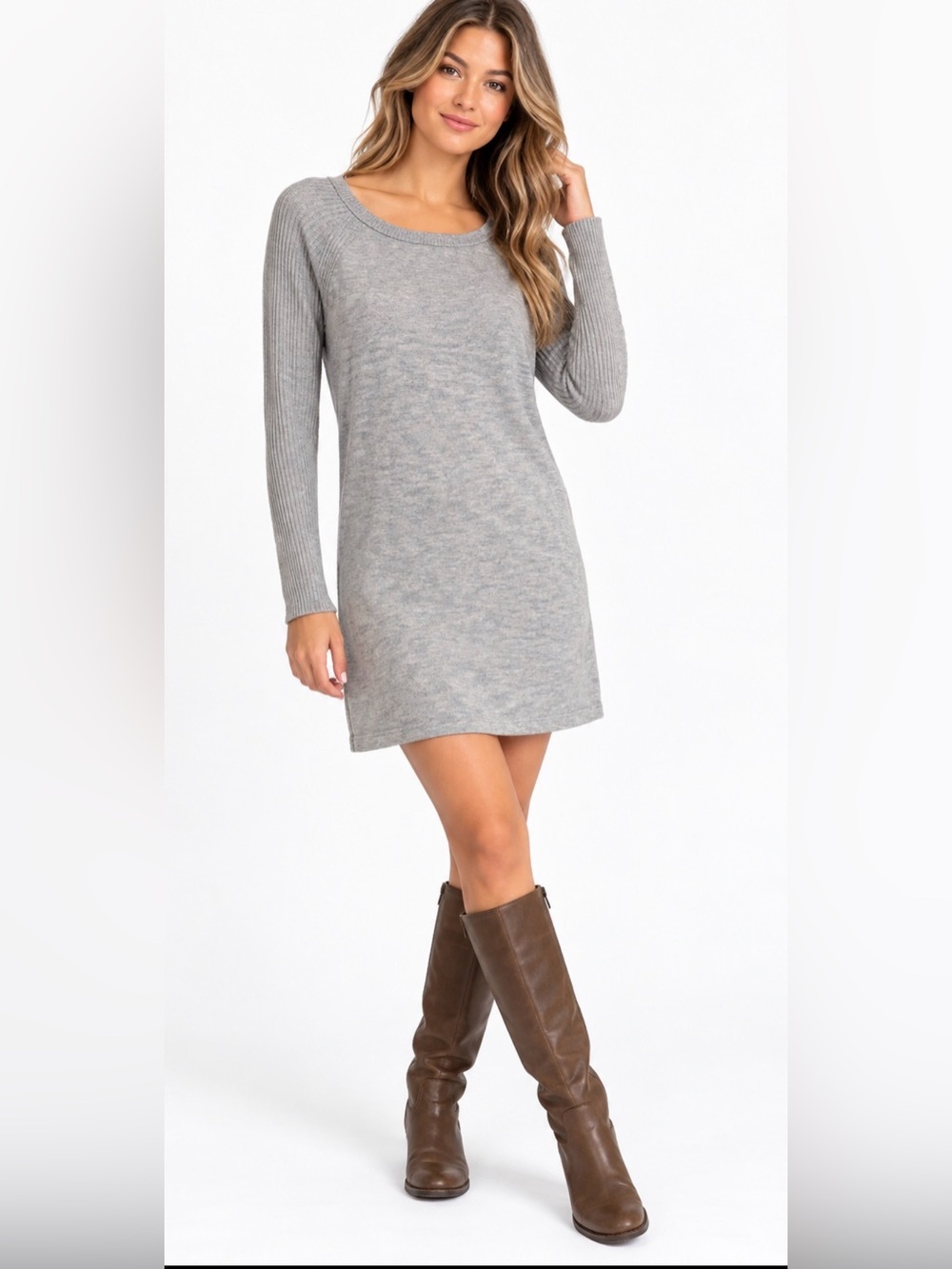 Athleta 100% Merino Wool Sweater Dress Small Gray Long Sleeve Ribbed Knit